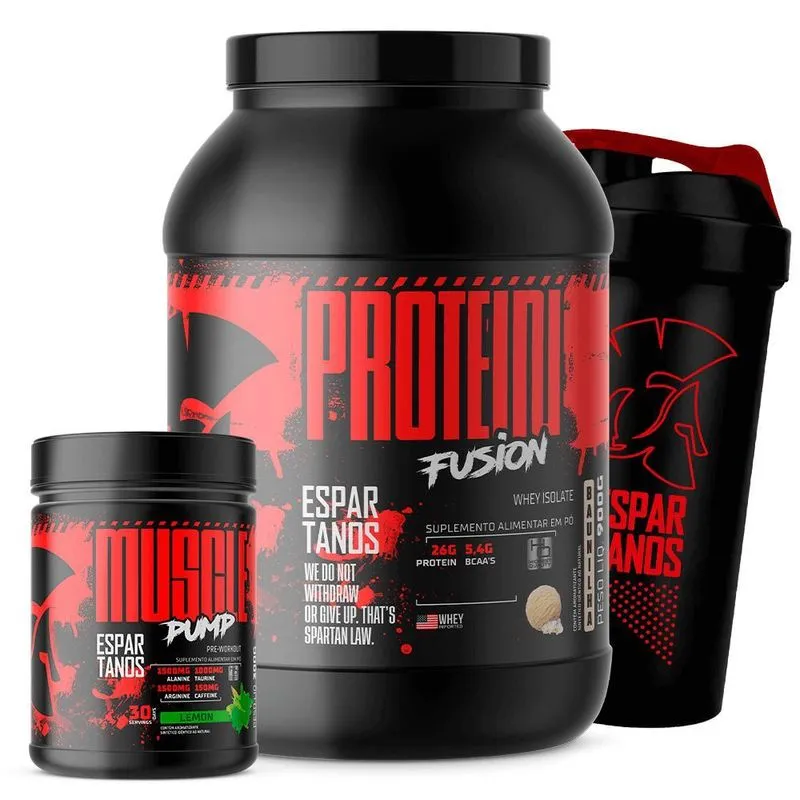 Kit Whey Fusion Baunilha, Pré-treino E Copo Espartanos