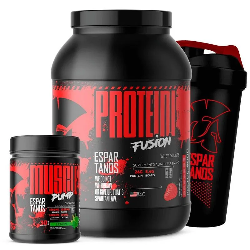 Kit Whey Fusion Morango, Pré-treino E Copo Espartanos