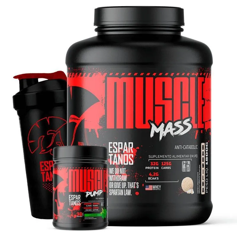 Kit Muscle Mass Baunilha, Pré-treino E Shaker Espartanos