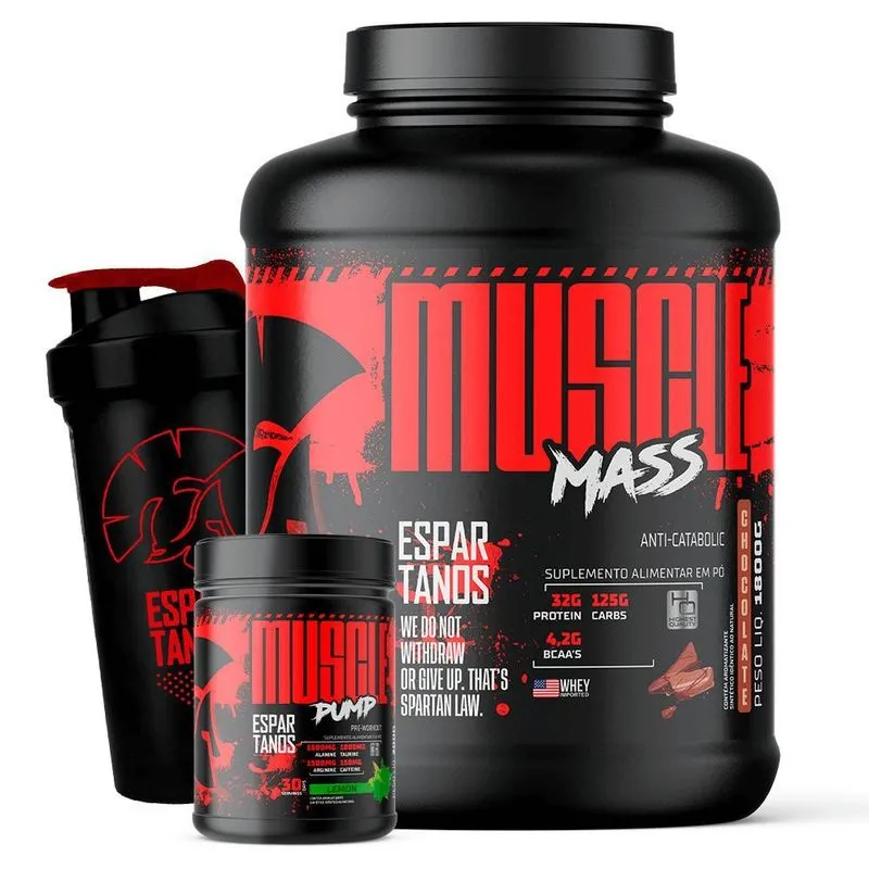 Kit Muscle Mass Chocolate, Pré-treino E Shaker Espartanos