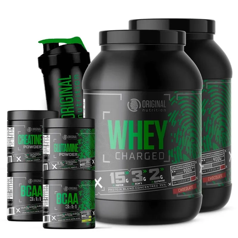 Kit 2x Whey Protein Charged + 2x Creatina + 2x Bcaa + Shaker