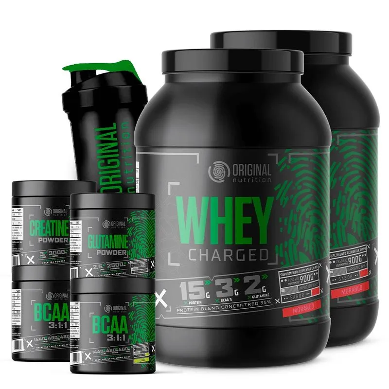 Kit 2x Whey Protein Charged + 2x Creatina + 2x Bcaa + Shaker