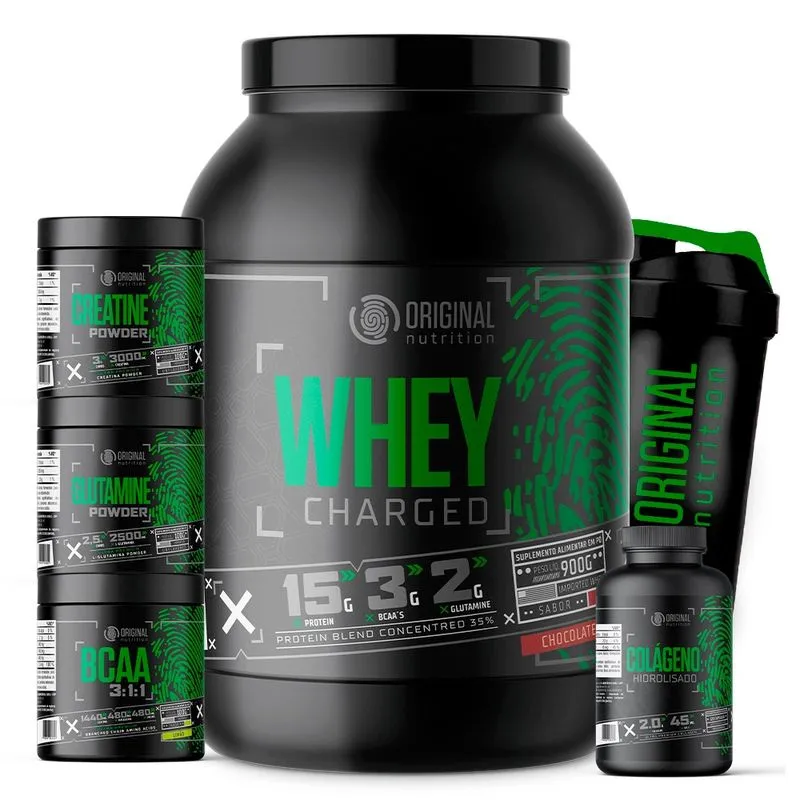 Kit Whey Protein Charged + Bcaa + Crea + Gluta + Colágeno + Shaker