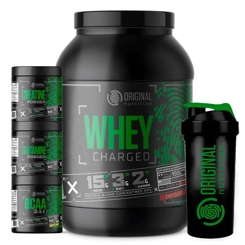 Kit Whey Protein Charged on + Bcaa + Glutamina + Creatina + Shaker