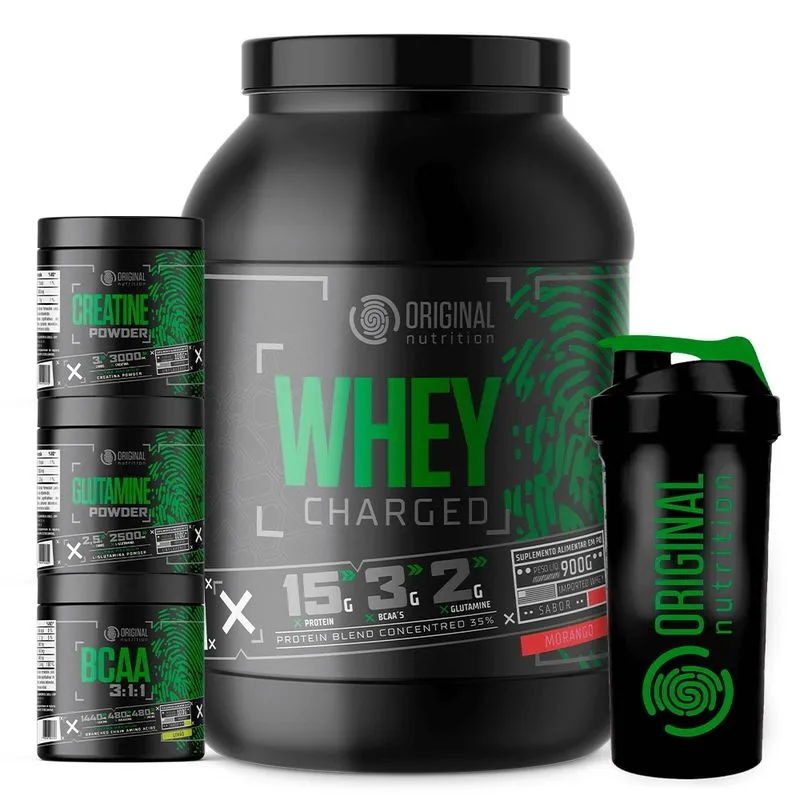 Kit Whey Protein Charged on + Bcaa + Glutamina + Creatina + Shaker