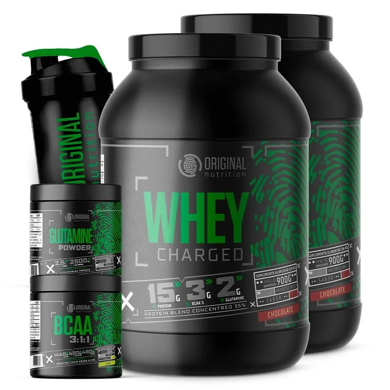 Combo 2x Whey Charged + Glutamina + Bcaa + Shaker - Original