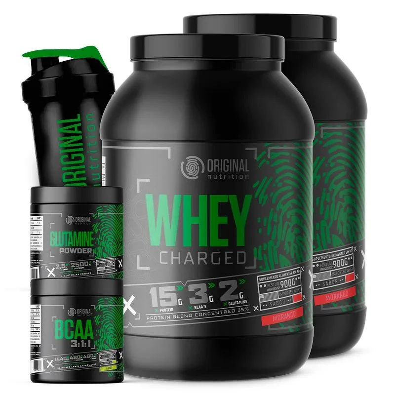 Combo 2x Whey Charged + Glutamina + Bcaa + Shaker - Original