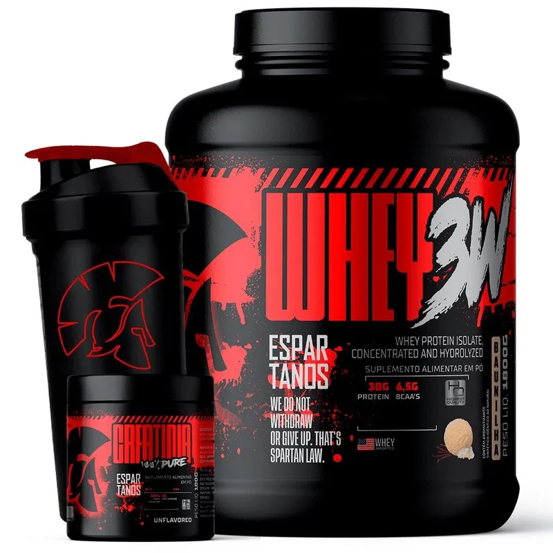 Kit Whey Protein 3W 1800g + Creatina Monohidratada 100g + Coqueteleira - Espartanos