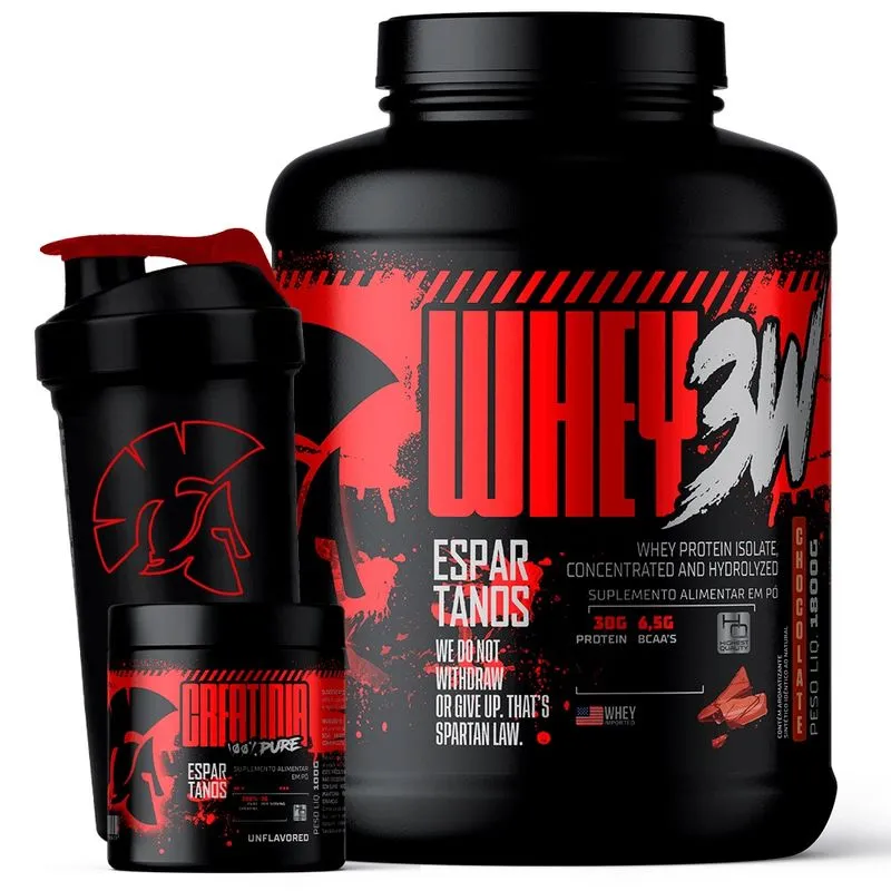 Kit Whey Protein 3W 1800g + Creatina Monohidratada 100g + Coqueteleira - Espartanos