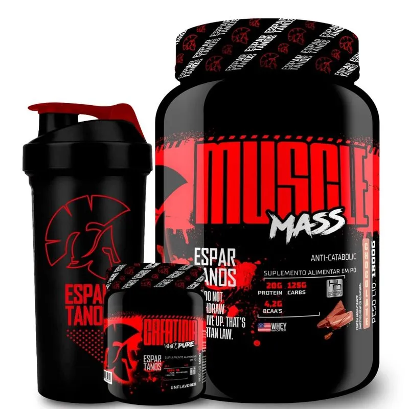 Kit Muscle Mass Hipercalórico 1,8kg + Creatina Monohidratada 100g + Coqueteleira - Espartanos