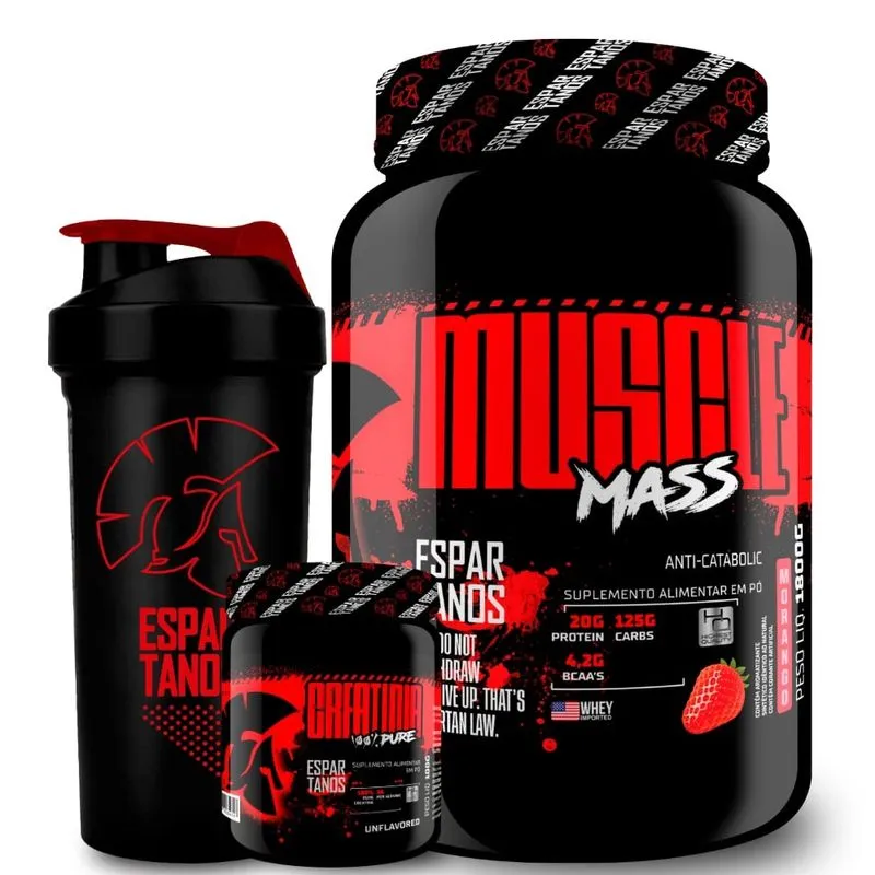 Kit Muscle Mass Hipercalórico 1,8kg + Creatina Monohidratada 100g + Coqueteleira - Espartanos