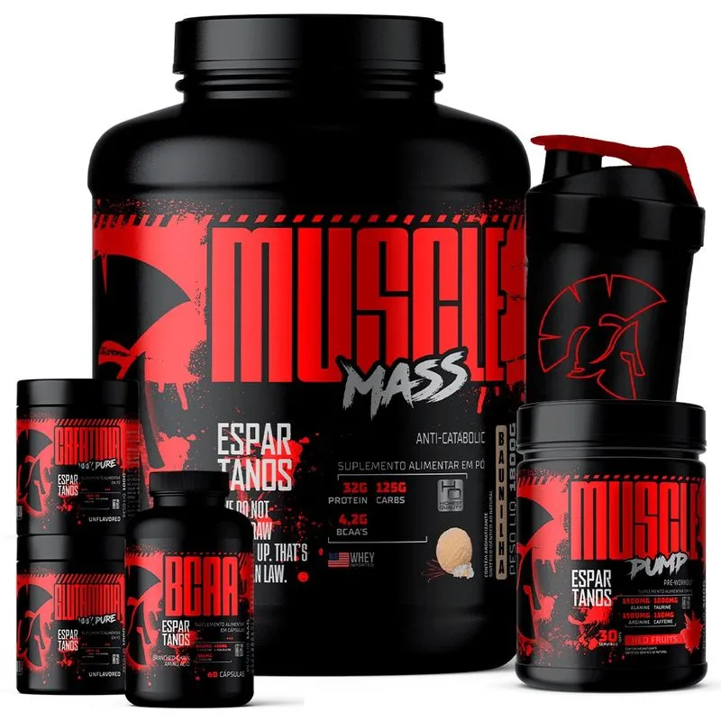 Kit Muscle Mass 1,8kg + bcaa + Creatina + Glutamina + Pré Treino Frutas Vermelhas + Coqueteleira - Espartanos
