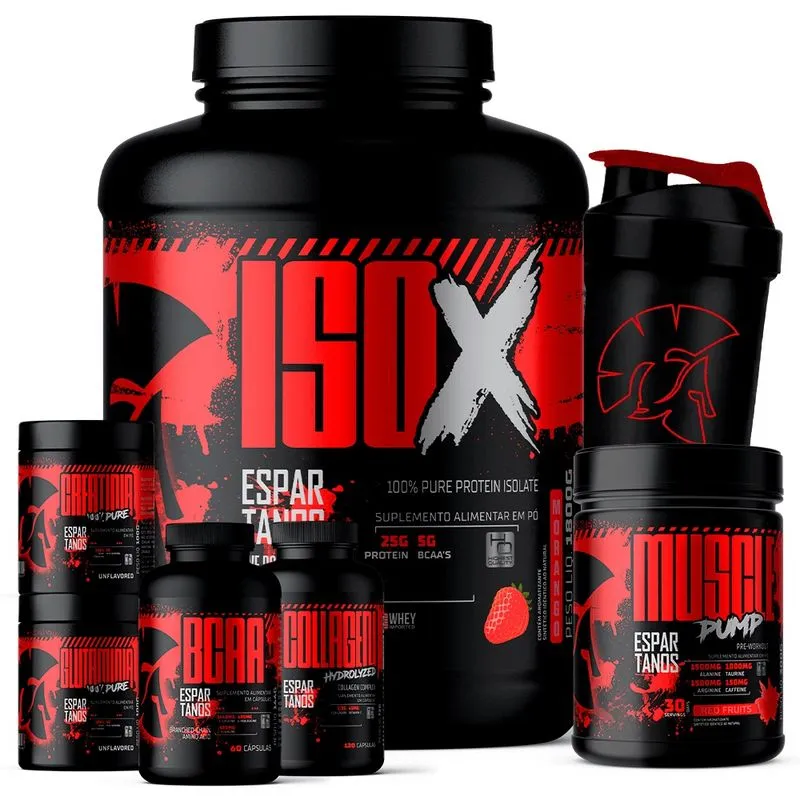 Kit Whey Protein iso X 1800g + Creatina 100g + bcaa + Glutamina 100g + Colágeno + Pré Treino + Coqueteleira