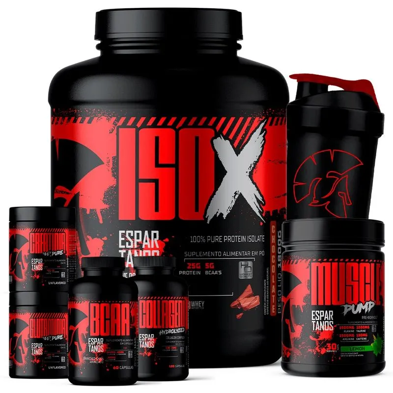 Kit Whey Protein iso X 1800g + Creatina 100g + bcaa + Glutamina 100g + Colágeno + Pré Treino + Coqueteleira