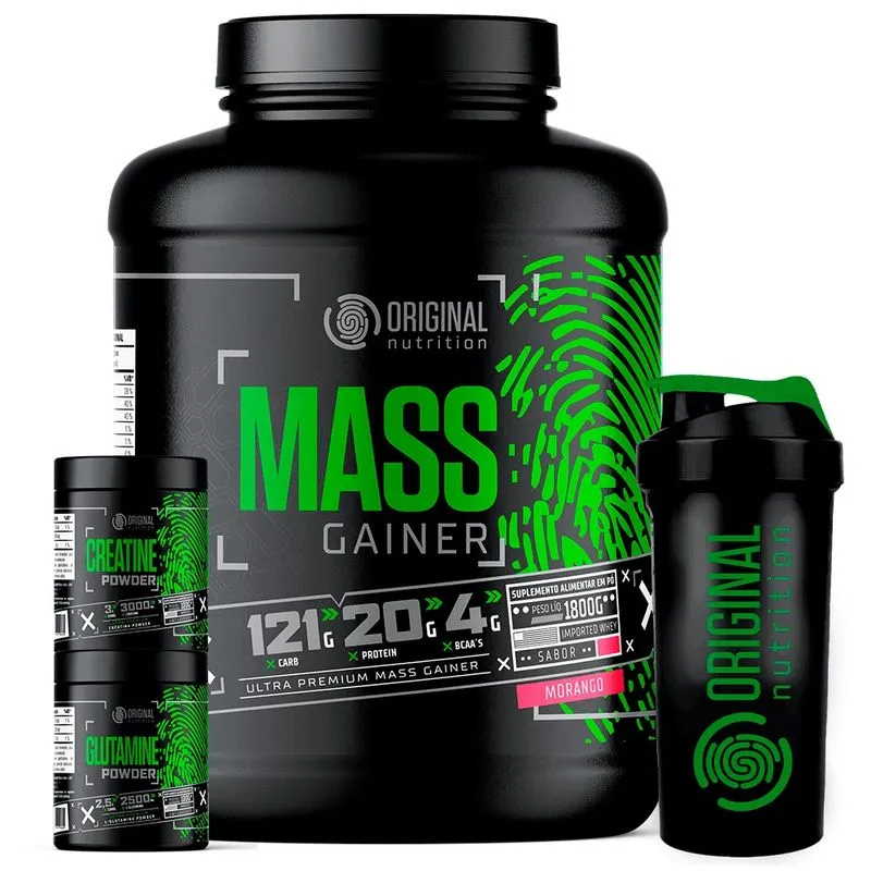 Kit Mass Hipercalórico mass gainer 1800g + Creatina 100g + Glutamina 100g + Coqueteleira - Original Nutrition
