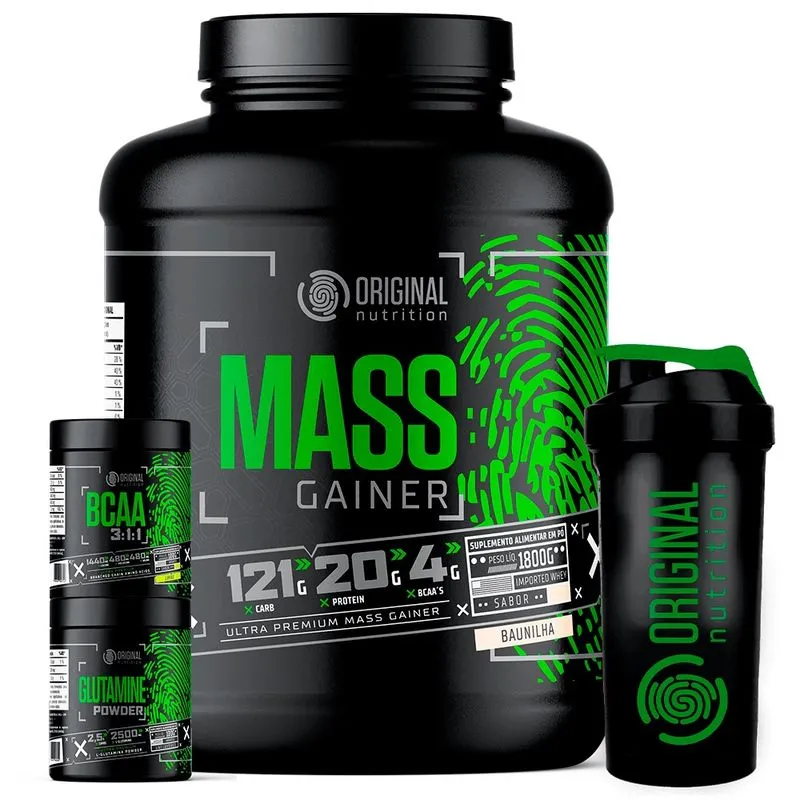 Kit Massa Hipercalórico mass gainer + bcaa + Glutamina + Coqueteleira - Original Nutrition