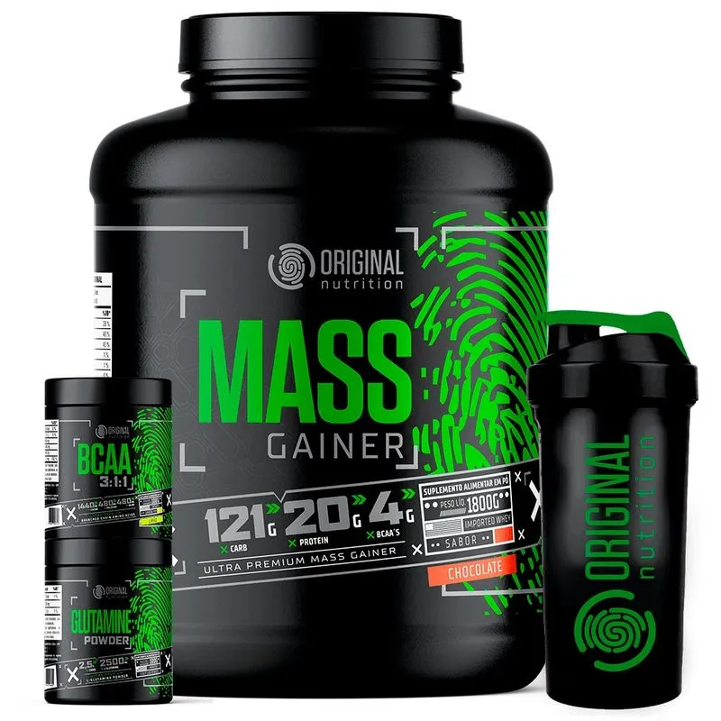 Kit Massa Hipercalórico mass gainer + bcaa + Glutamina + Coqueteleira - Original Nutrition