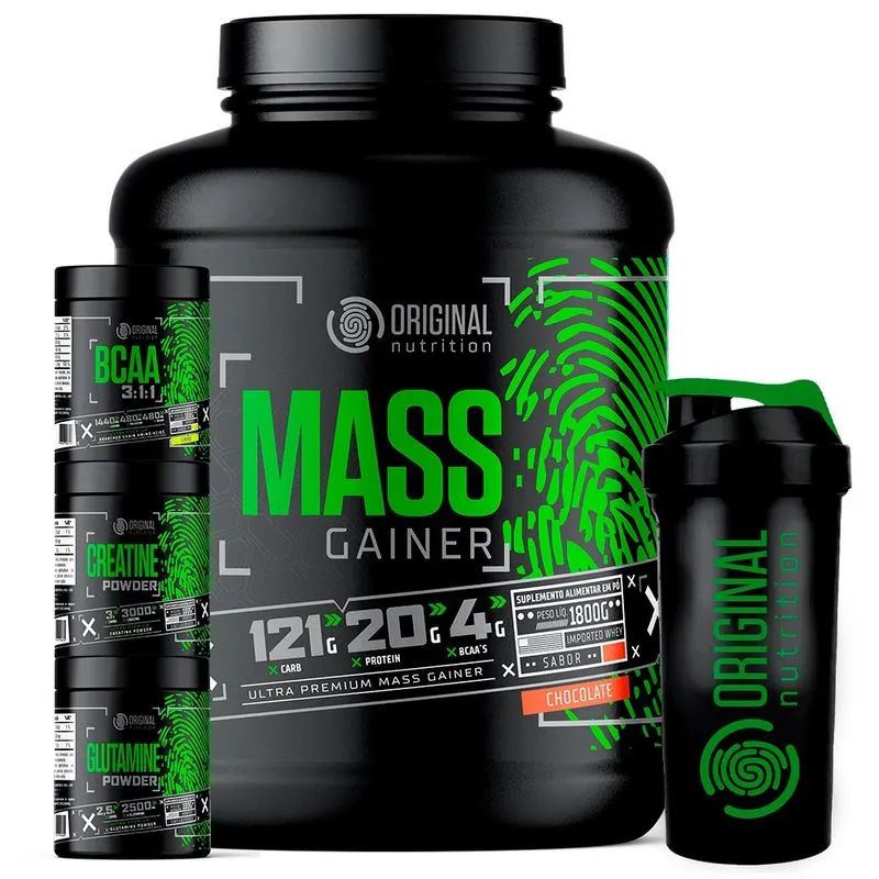 Kit Massa Hipercalórico mass gainer + bcaa + Creatina 100g + Glutamina 100g + Coqueteleira - Original Nutrition