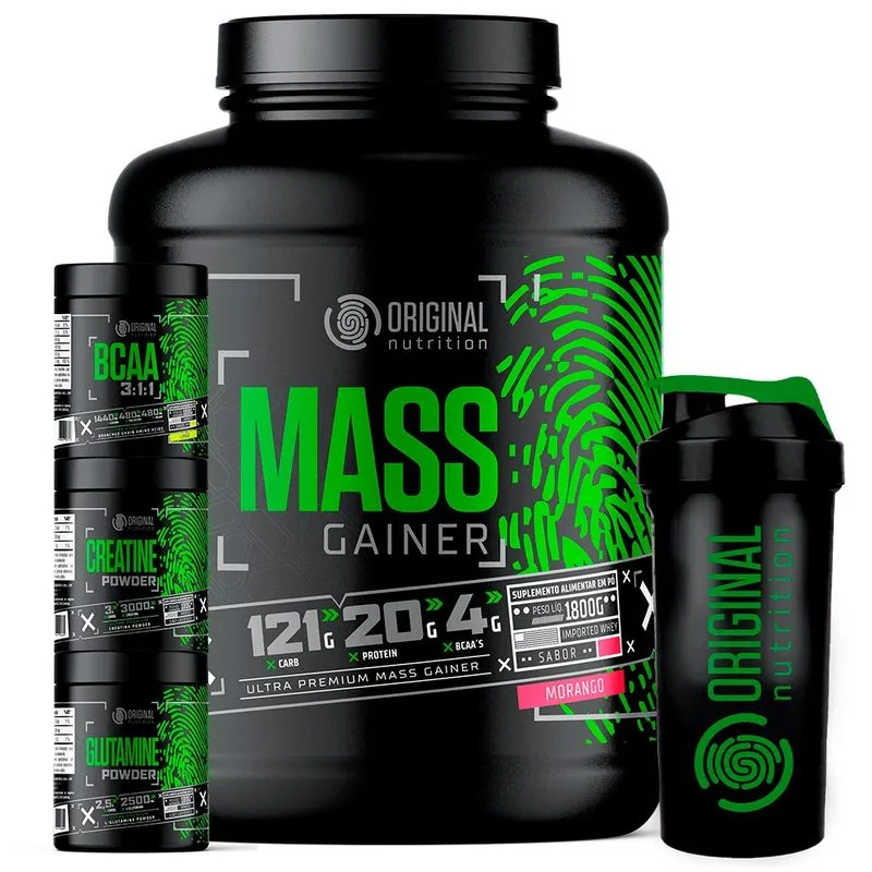 Kit Massa Hipercalórico mass gainer + bcaa + Creatina 100g + Glutamina 100g + Coqueteleira - Original Nutrition