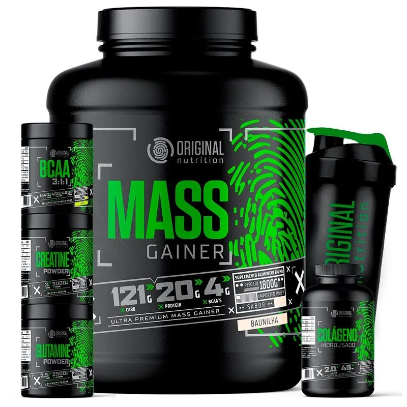 Kit Massa Hipercalórico mass gainer + bcaa + Creatina + Glutamina + Colágeno + Shaker - Original Nutrition