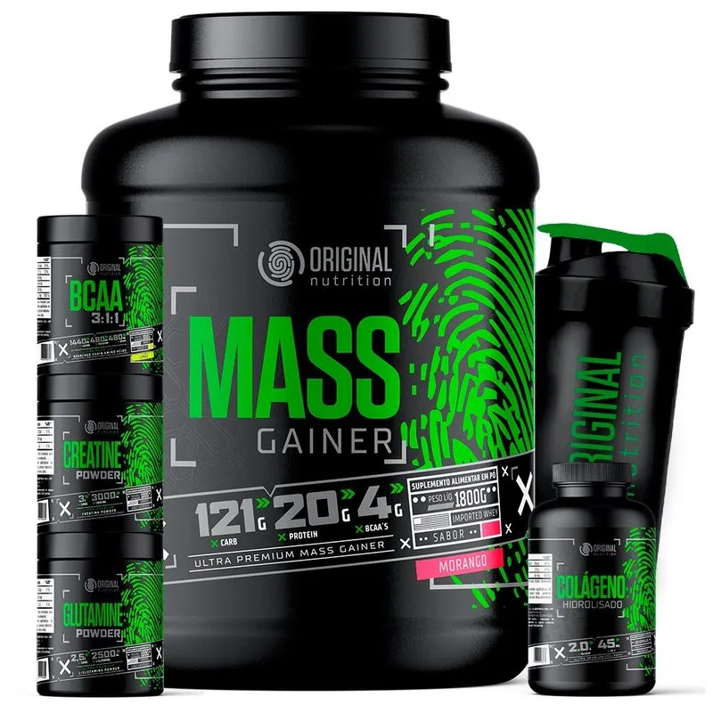 Kit Massa Hipercalórico mass gainer + bcaa + Creatina + Glutamina + Colágeno + Shaker - Original Nutrition