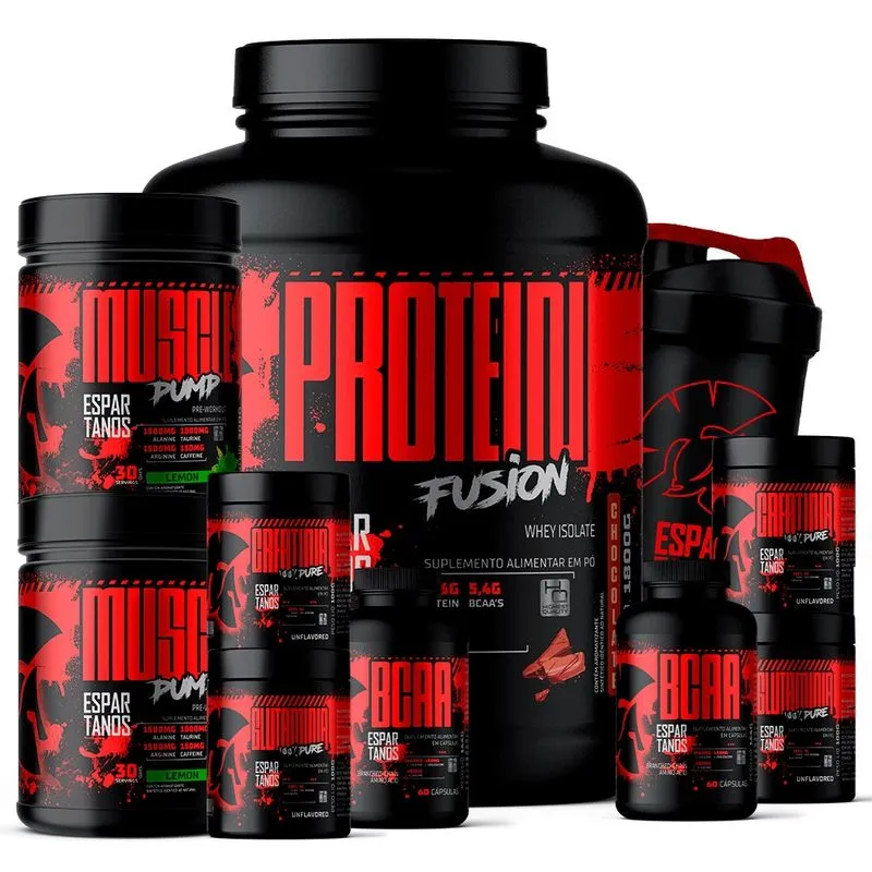 Kit Whey Protein Fusion 1,8 Kg + 2 bcaa + 2 Creatina + 2 Glutamina + 2 Pré Treino Limão + Shaker