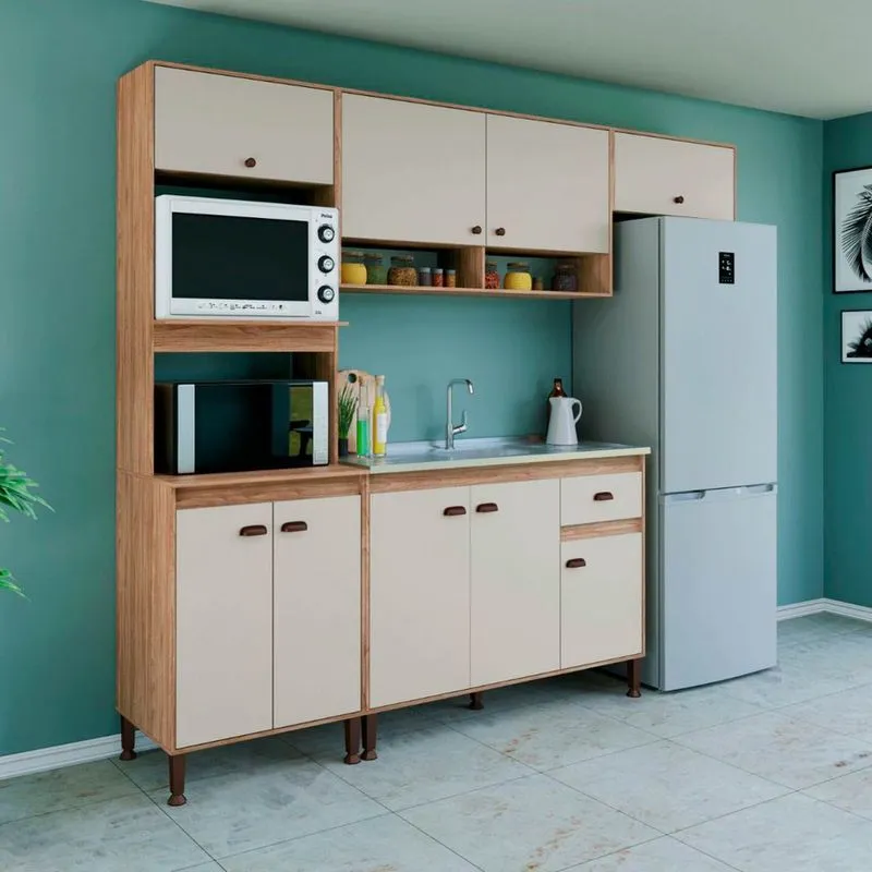 Armário de Cozinha Modulada Completo 253cm com Puxador Concha 1 Gaveta Mel Off White Movelbento