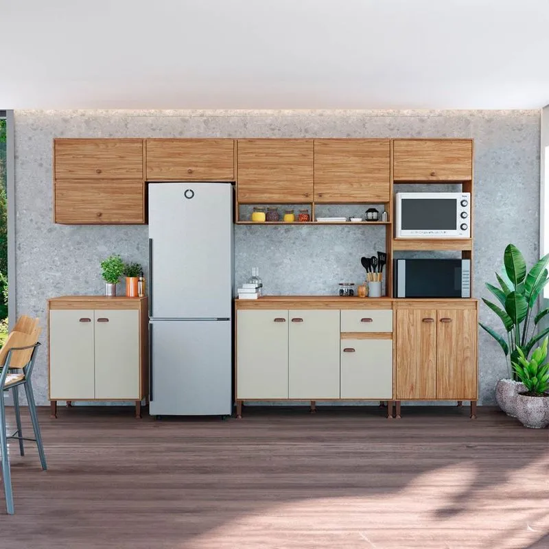 Armário Cozinha 323Cm Completa Balcão com Tampo e Puxador Concha Torino Mel/Off White