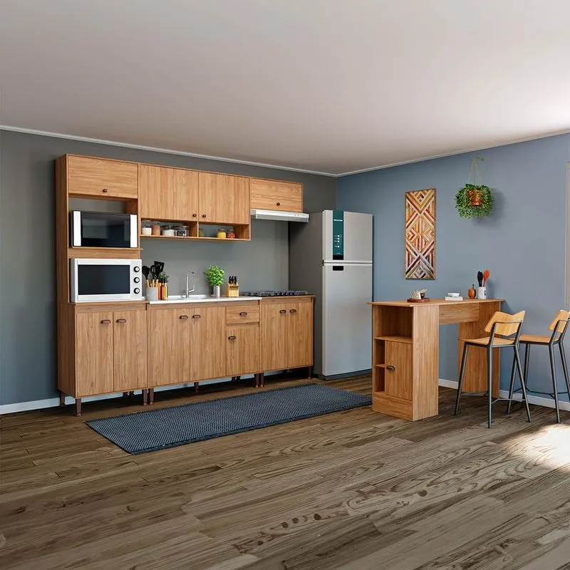 Armário de Cozinha 253cm com Bancada 6 Peças Modulada Torino Puxador Concha cor Mel Movel Bento