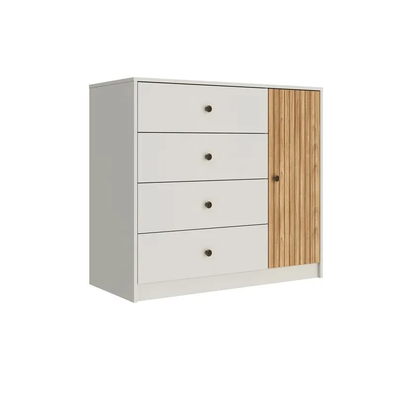 Comoda Riscado 4 Gavetas 1 Porta Mel E Off White 100x90x45cm Movelbento
