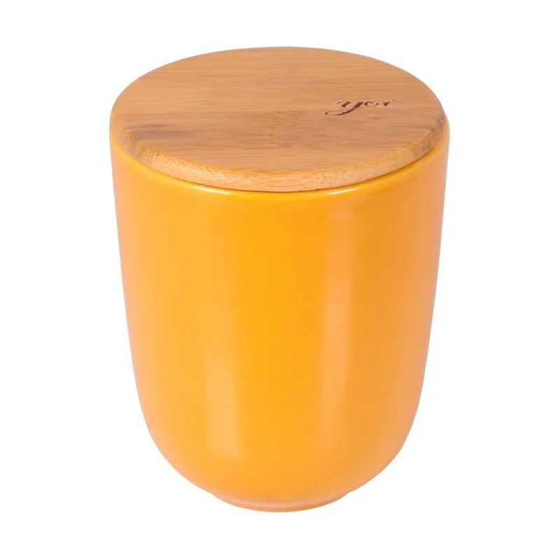 Porta Algodão Amarelo De Cerâmica Tampa Bambu - Wp Connect