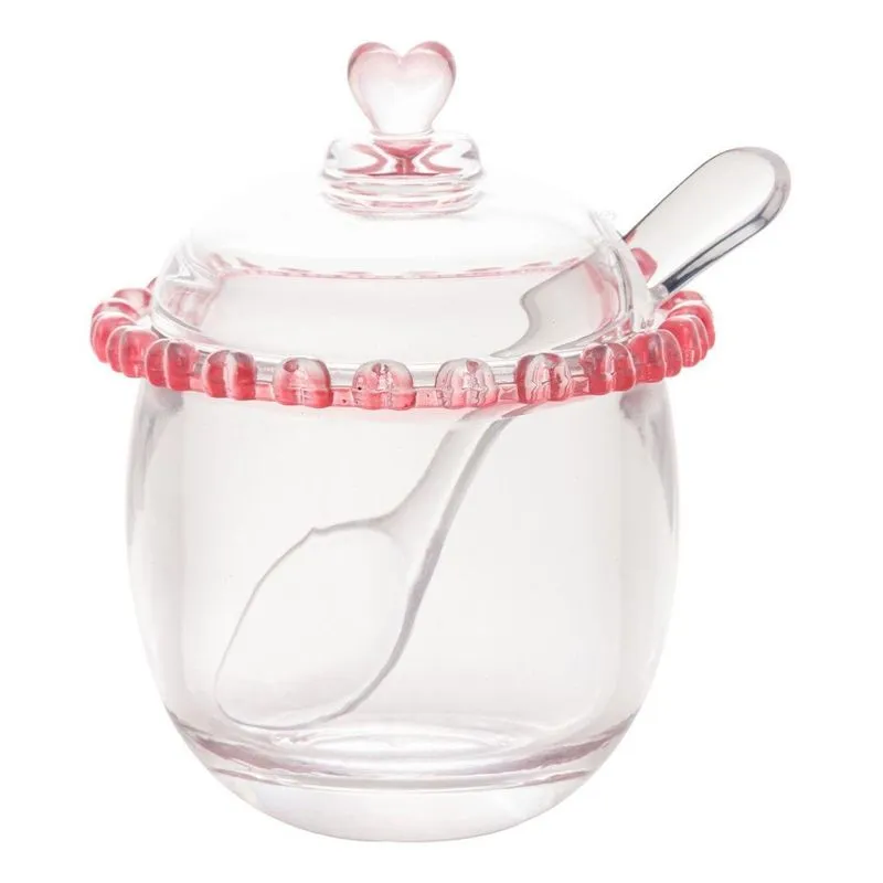 Açucareiro De Cristal Coração Rosa Com Colher 9,5x12cm - Wp