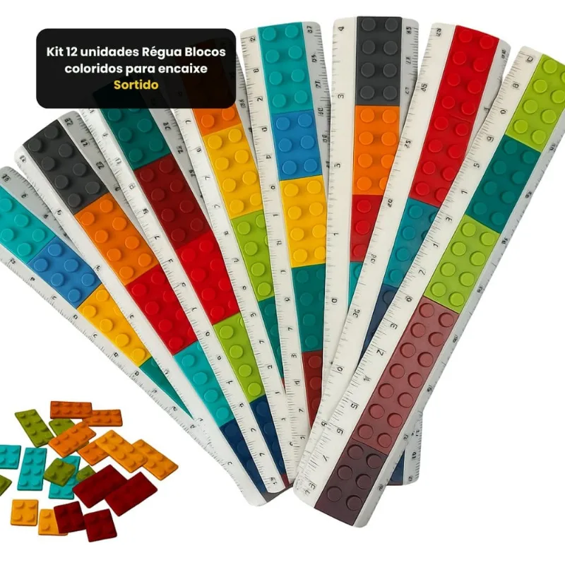 Kit 12 unidades Régua Blocos coloridos para encaixe - Sortido