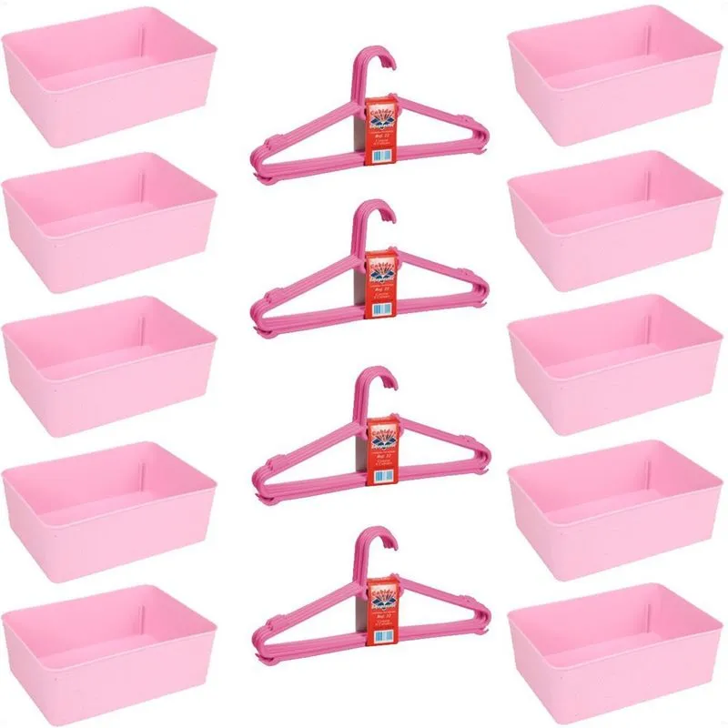 Kit 10 Cestos Multiuso E 20 Cabides Infantil Reforçado Rosa