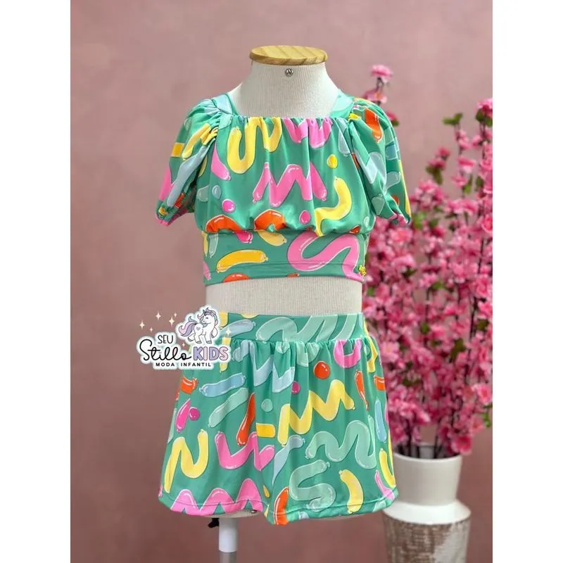 Conjunto Infantil Mon Sucre Verão Com Saia e Blusa Bexigas Coloridas