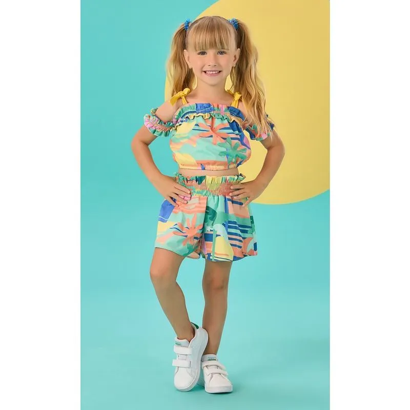 Conjunto Infantil Mon Sucre Verão Com Shorts e Blusa Tropical