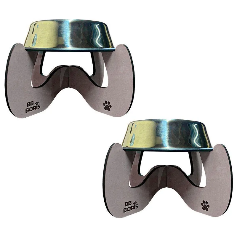 Kit 2 Comedouros Elevado Pet Cão E Com Pote Inox Champagne