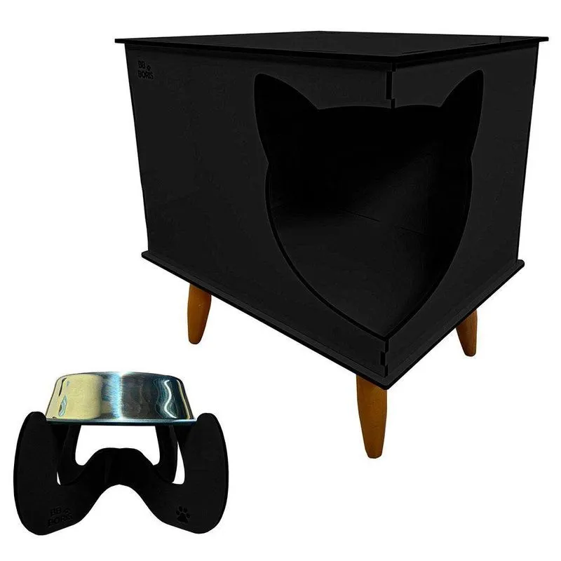 Casinha Cat Line Pet Gato Premium Mdf Com Comedinox Preto