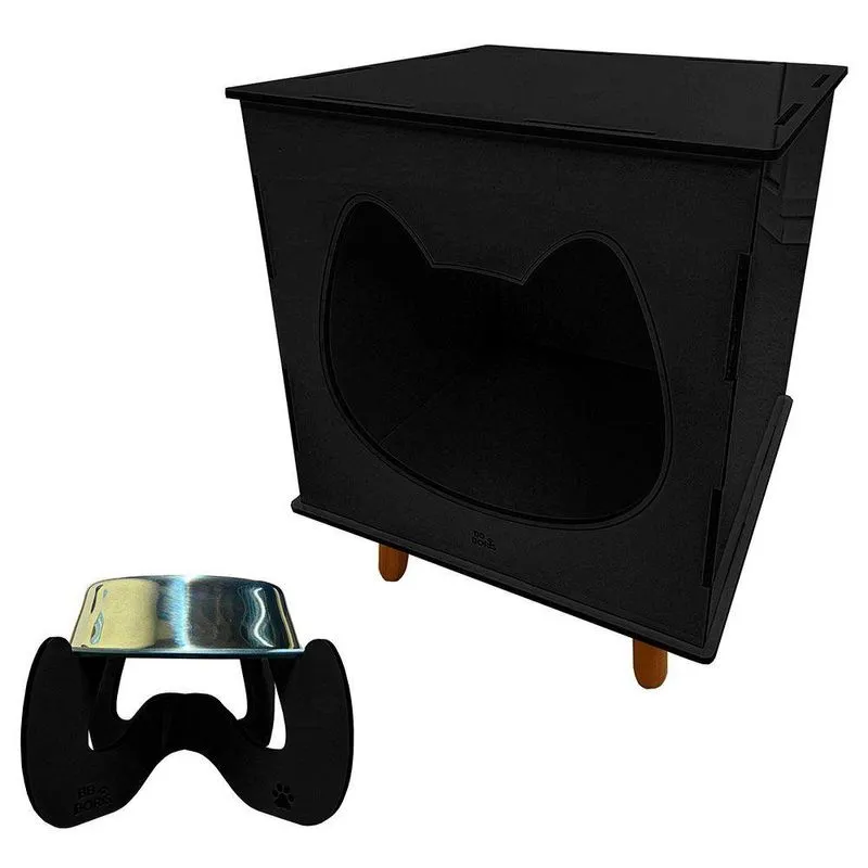 Casinha Toca Cat Line Pet Mdf Com Comedinox Preto