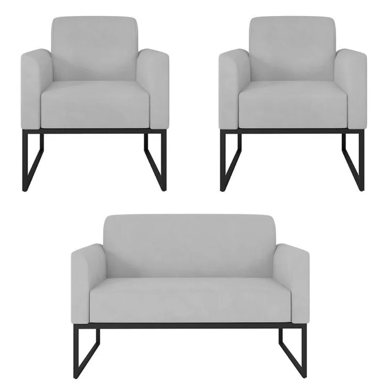 Kit Namoradeira E 2 Poltronas Industrial Preta S10 Cinza