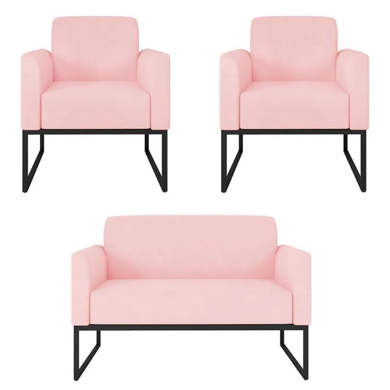 Kit Namoradeira E 2 Poltronas Industrial Preta Rosa Bebê