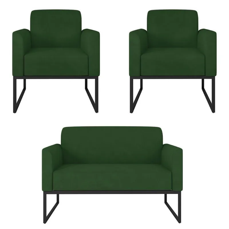 Kit Namoradeira E 2 Poltronas Industrial Preta S23 Verde