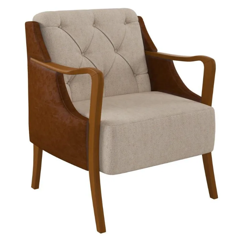 Poltrona Decorativa Para Sala De Estar Capitonê Lapa M22 Pu Camel/linho Cru - Mpozenato