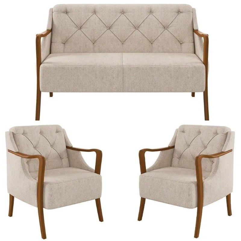 Kit Namoradeira 135cm E 2 Poltronas Decorativas Capitonê Lapa M22 Linho Cru Liso - Mpozenato