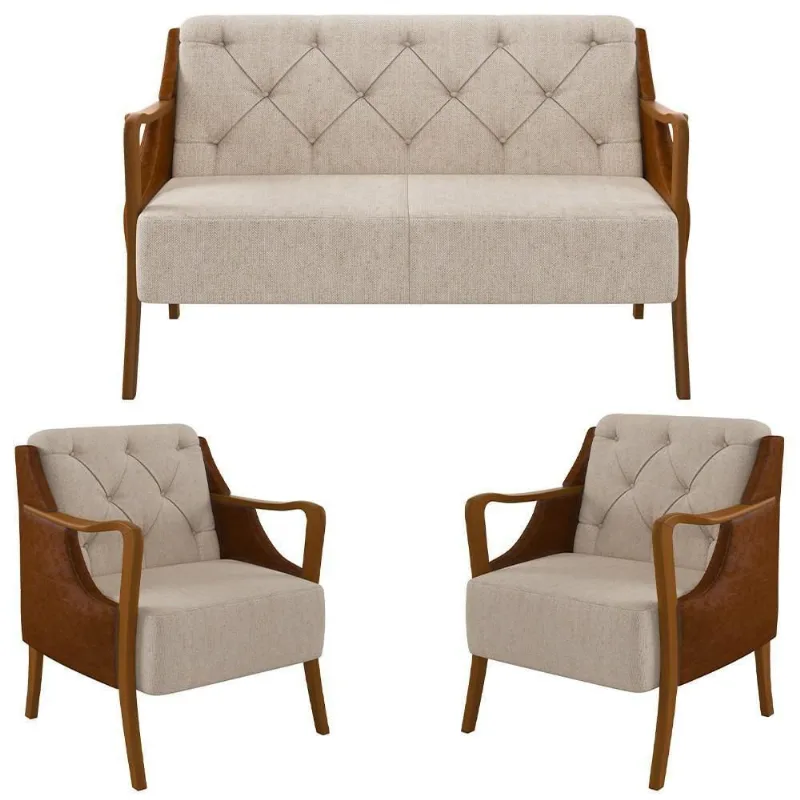 Kit Namoradeira 135cm E 2 Poltronas Decorativas Capitonê Lapa M22 Pu Camel/linho Cru - Mpozenato
