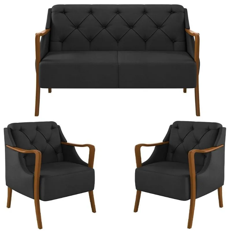 Kit Namoradeira 135cm E 2 Poltronas Decorativas Capitonê Lapa M22 Pu Preto - Mpozenato