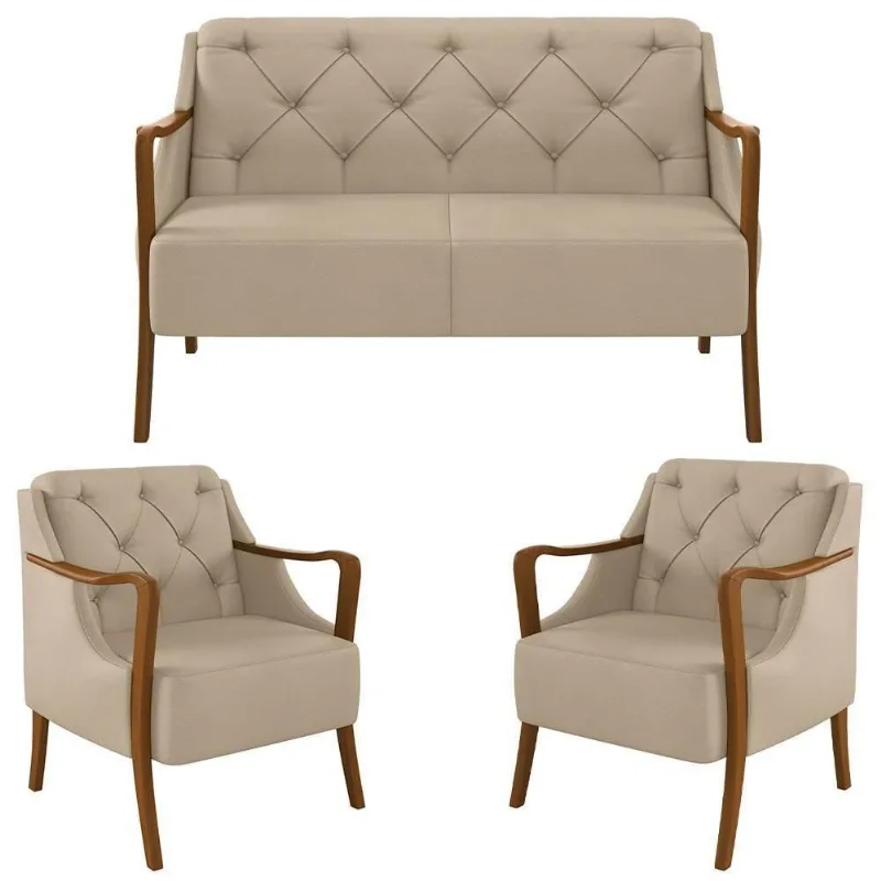 Kit Namoradeira 135cm E 2 Poltronas Decorativas Capitonê Lapa M22 Pu Bege - Mpozenato