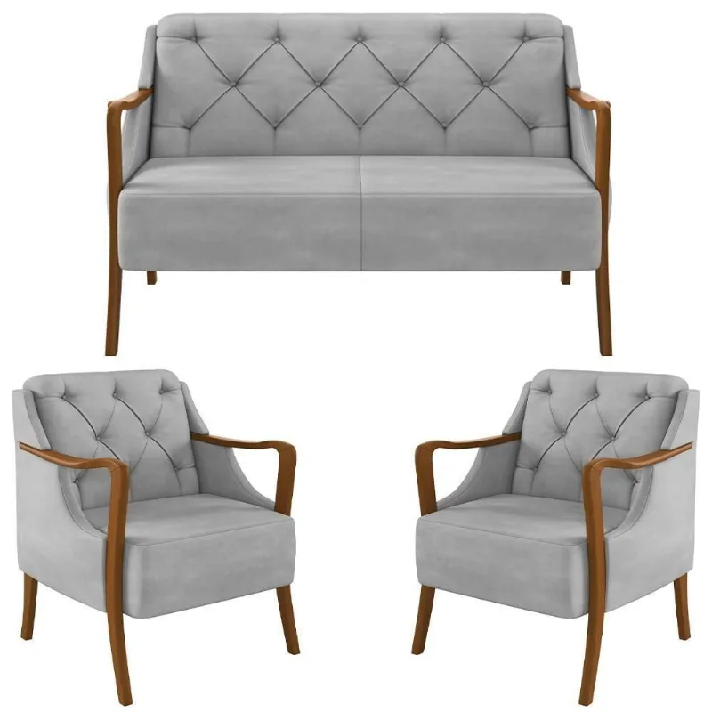 Kit Namoradeira 135cm E 2 Poltronas Decorativas Capitonê Lapa M22 Veludo Cinza - Mpozenato