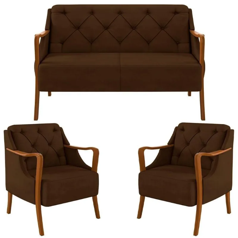 Kit Namoradeira 135cm E 2 Poltronas Decorativas Capitonê Lapa M22 Veludo Marrom - Mpozenato