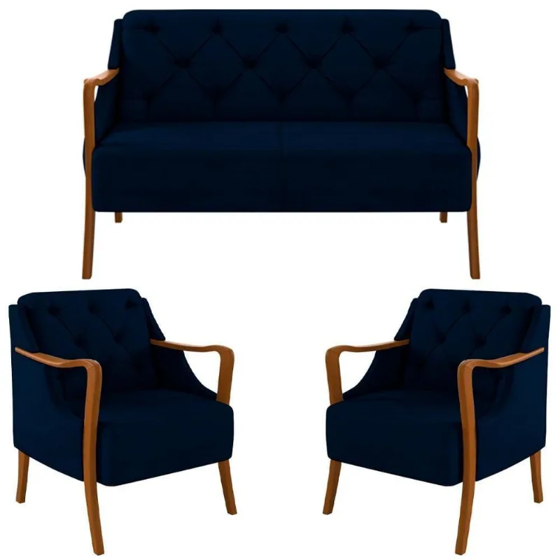 Kit Namoradeira 135cm E 2 Poltronas Decorativas Capitonê Lapa M22 Veludo Azul Marinho - Mpozenato